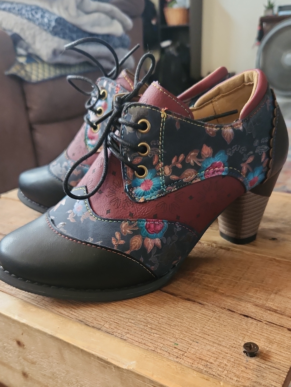 SHEIN Floral Lace-Up Heeled Boots in Black, Burgundy & Teal